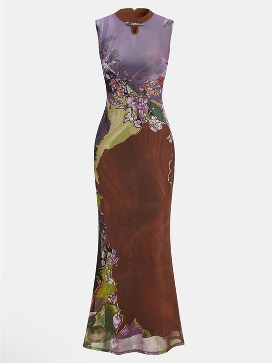 Commense Dresses & Skirts - Commense Elegant Floral-Print Sleeveless Maxi Dress in Purple and Brown